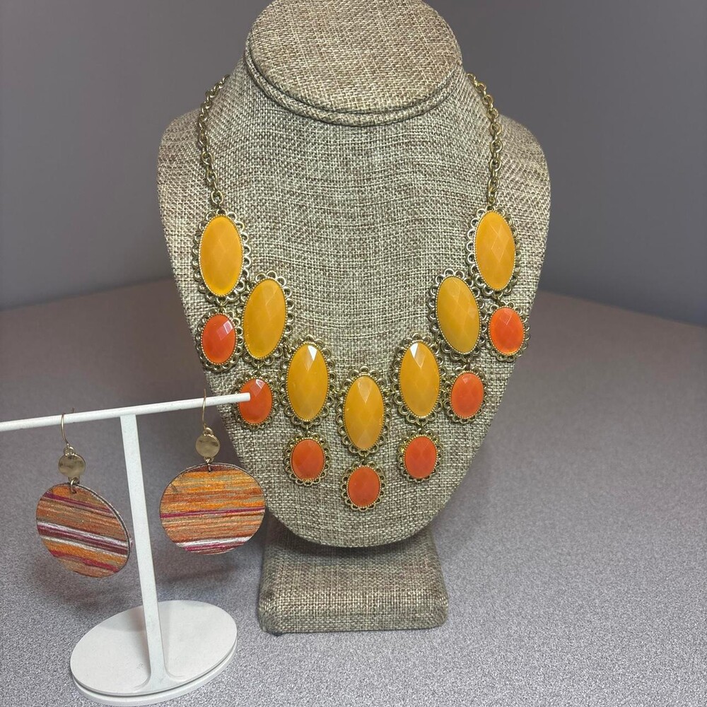 Vintage Orange And Yellow Statement Necklace and Earrings